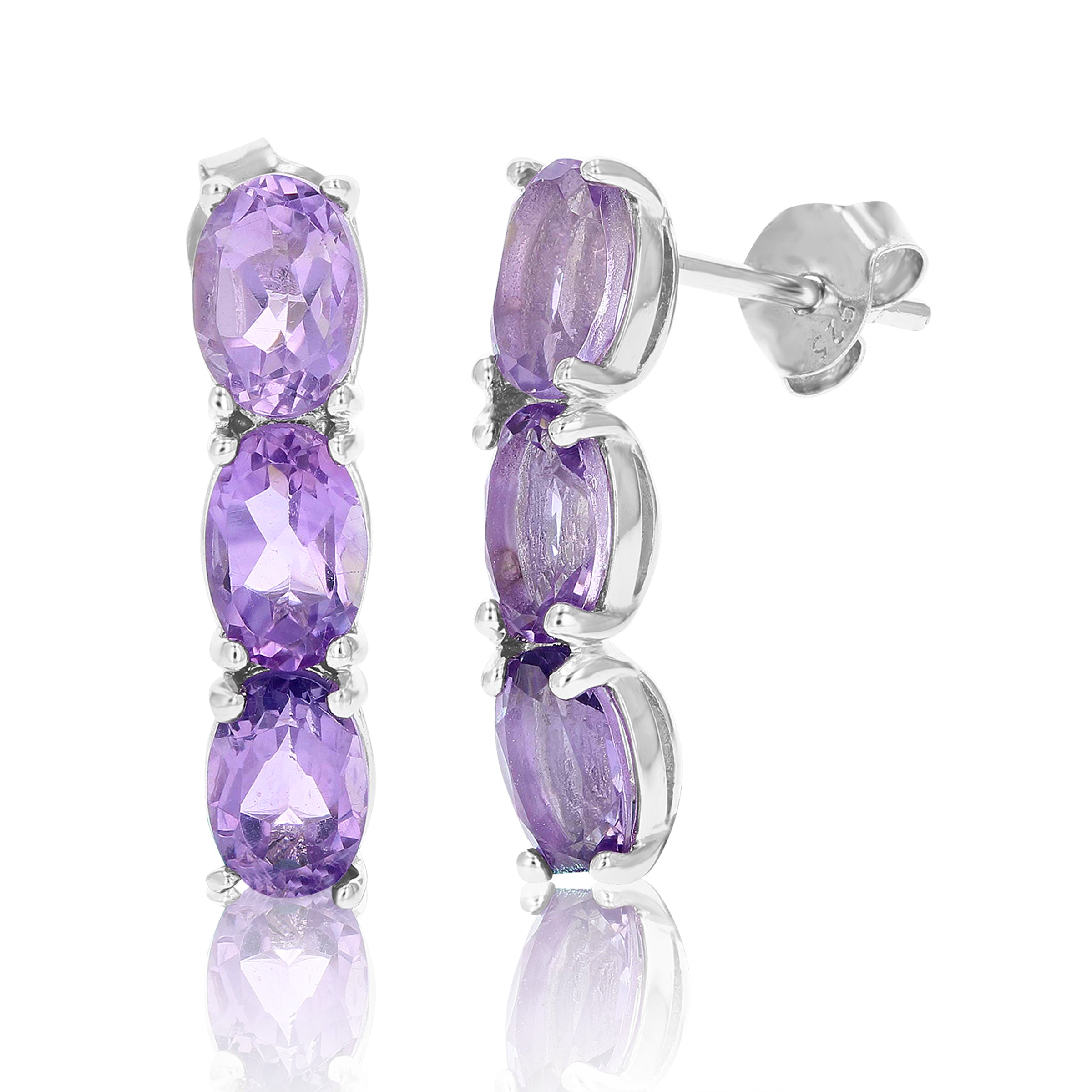 Sterling Silver 3 Stone Amethyst Earrings (1.80 CT)