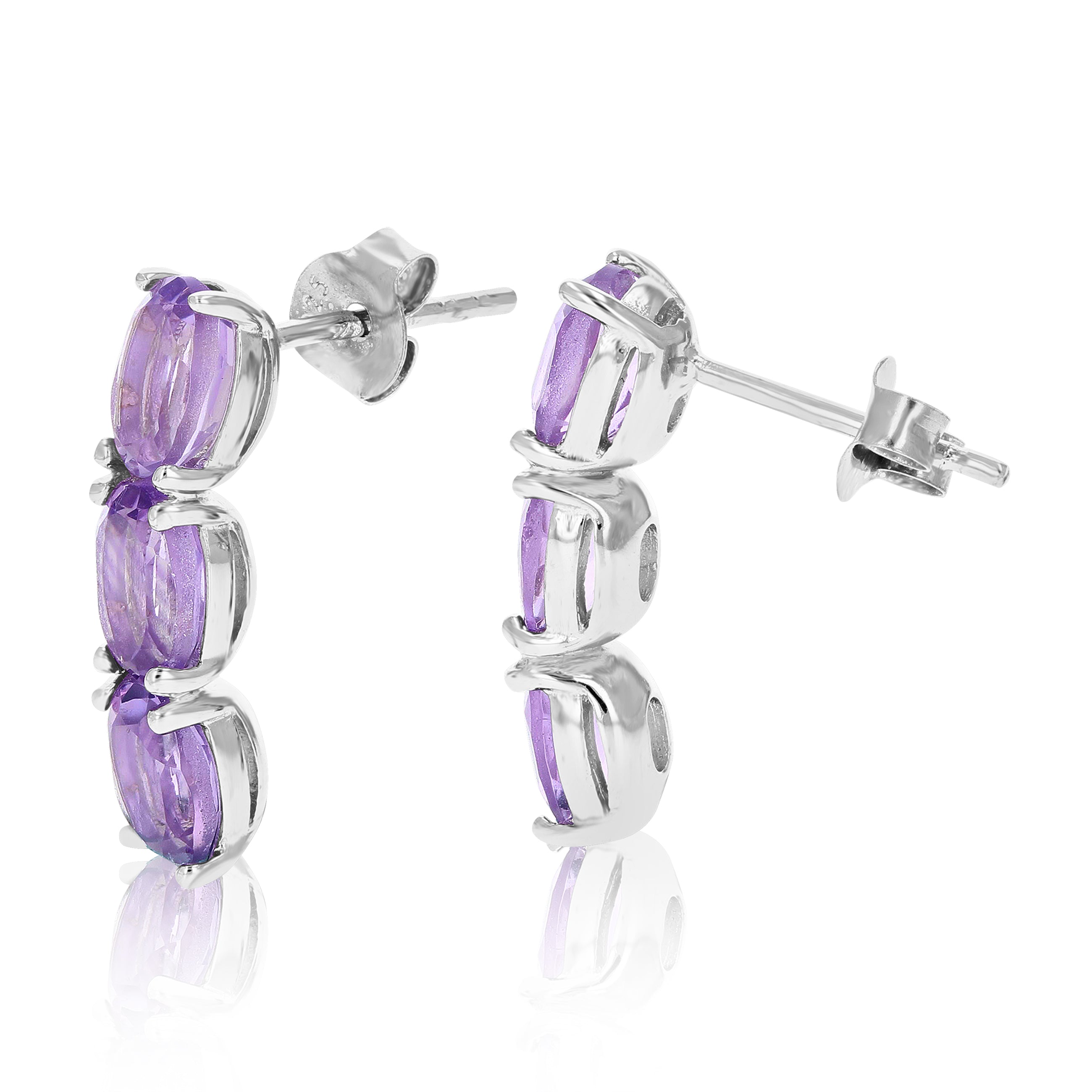 Sterling Silver 3 Stone Amethyst Earrings (1.80 CT)