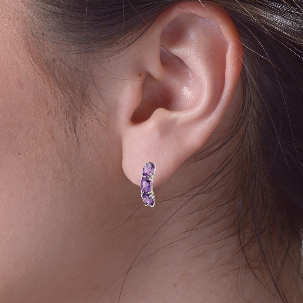 Sterling Silver 3 Stone Amethyst Earrings (1.80 CT)