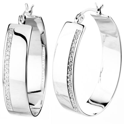 1/4 cttw Diamond Hoop Earrings .925 Sterling Silver with Rhodium Round 1.50 Inch