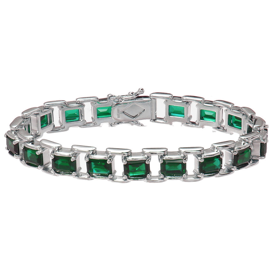 15 cttw Green Topaz Tennis Bracelet .925 Sterling Silver Rhodium 7x5 MM Emerald