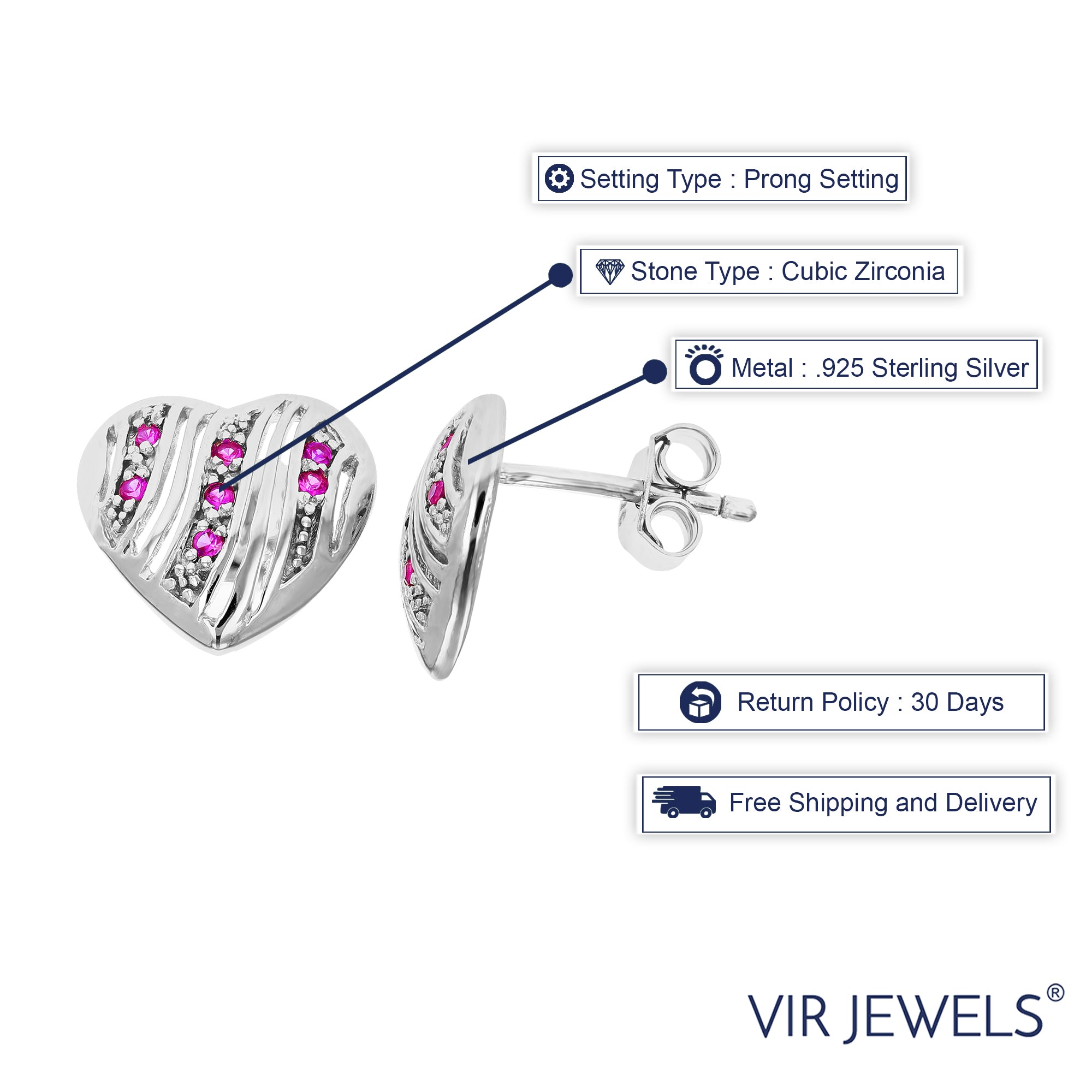 Heart Shape Pink Cubic Zirconia Earrings in .925 Sterling Silver with Rhodium