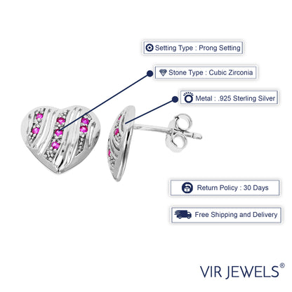 Heart Shape Pink Cubic Zirconia Earrings in .925 Sterling Silver with Rhodium