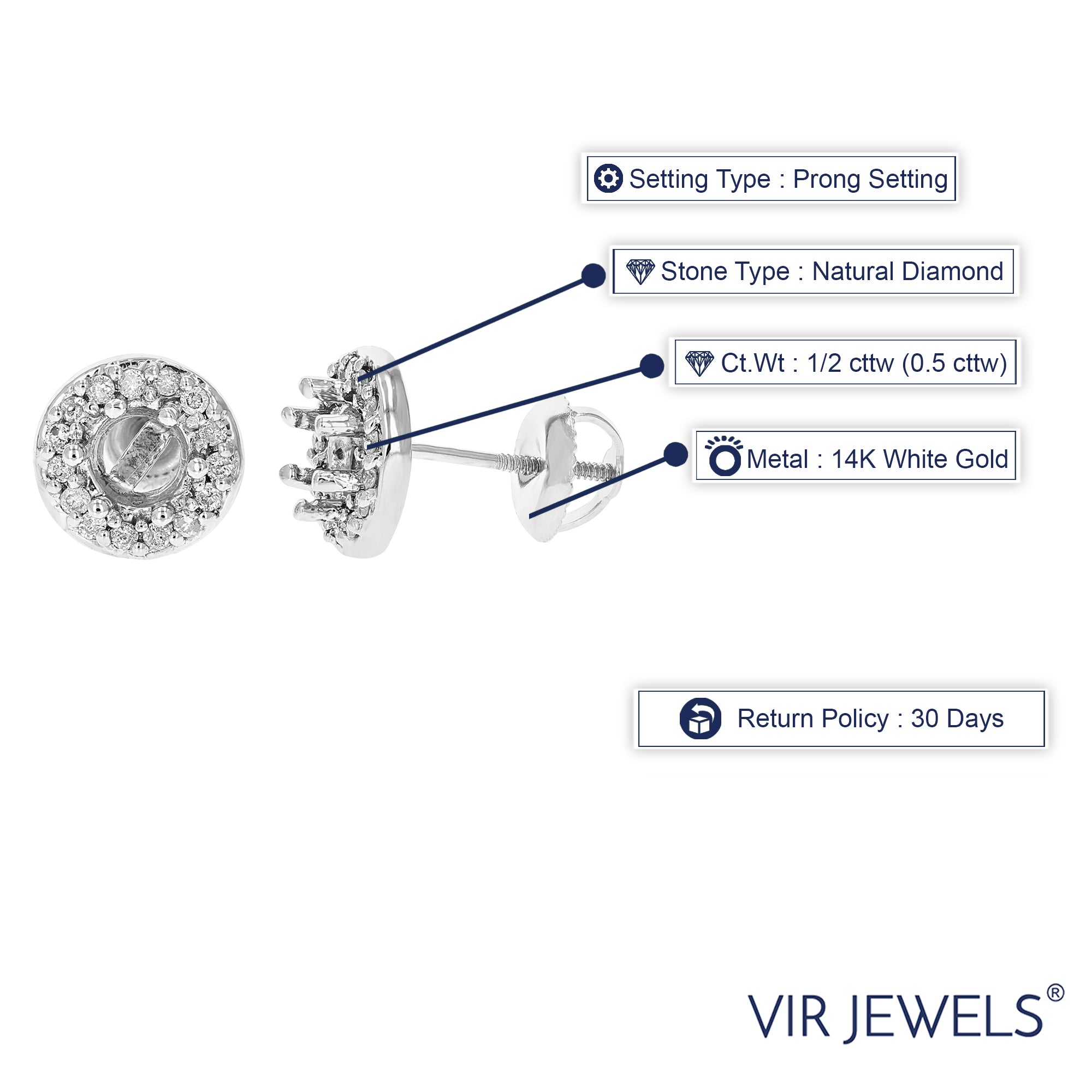 Semi Mount Diamond Stud Earrings