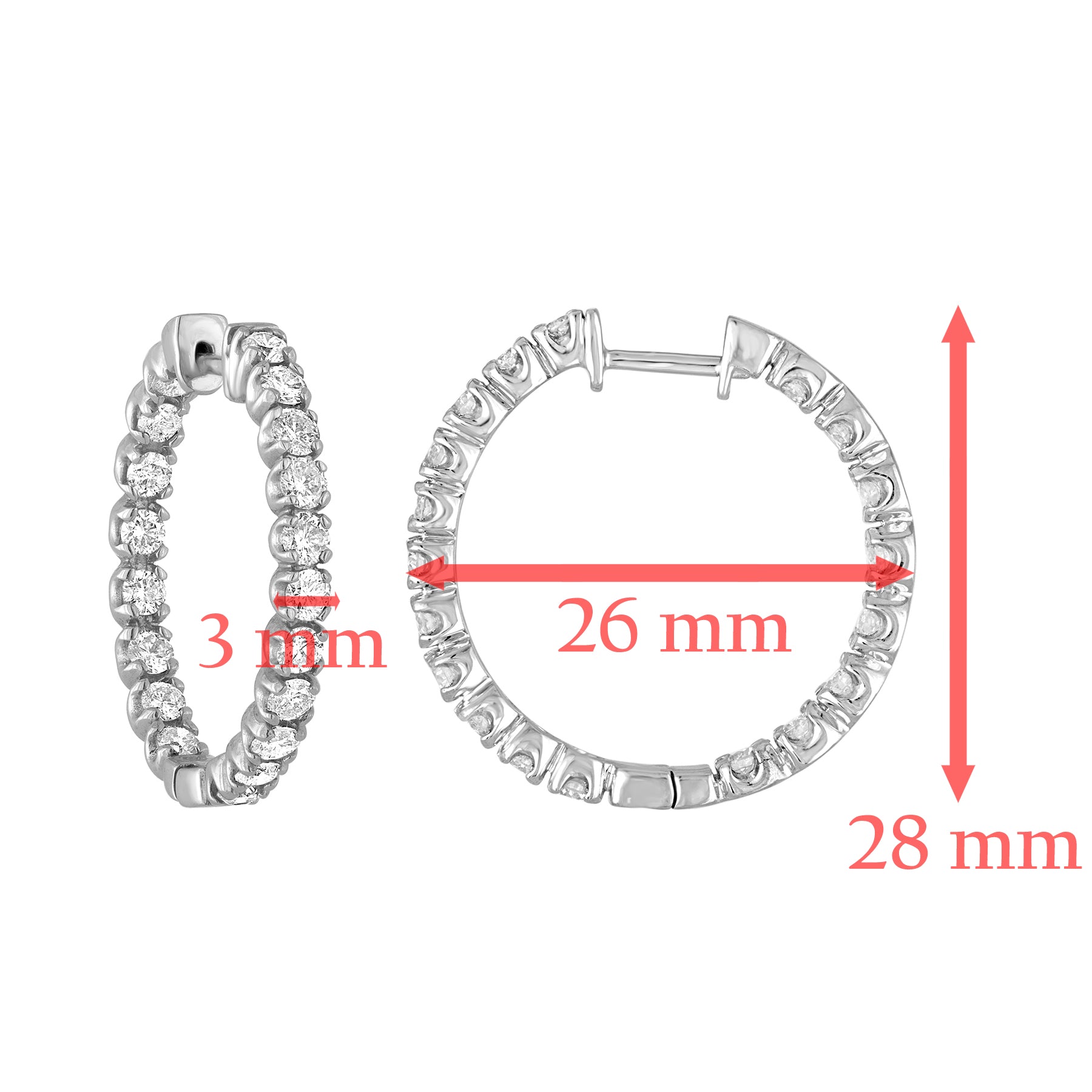 3 cttw Diamond Inside Out Hoop Earrings 14K White Gold Round Prong Set 1 inch