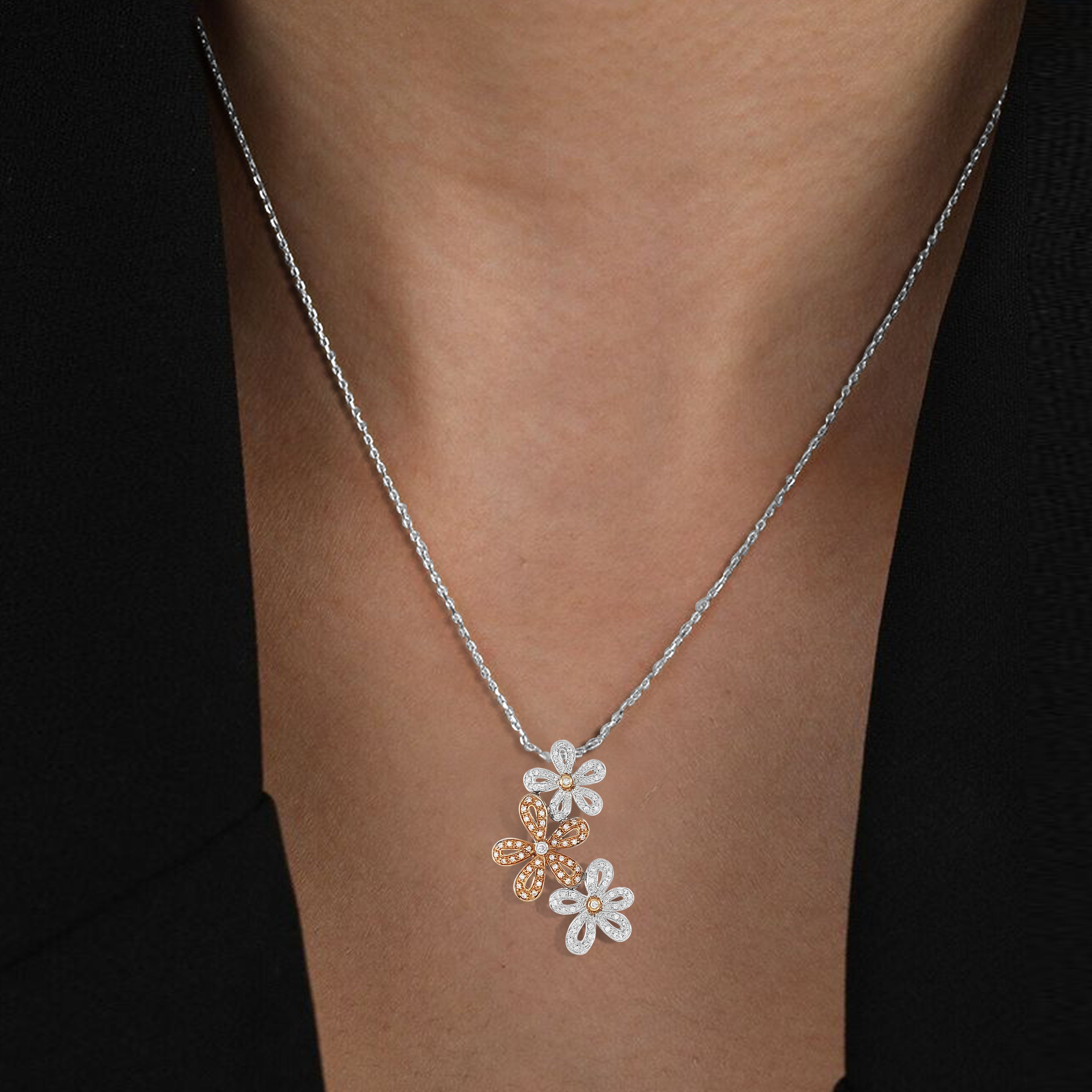 Three Flower Diamond Pendant Necklace