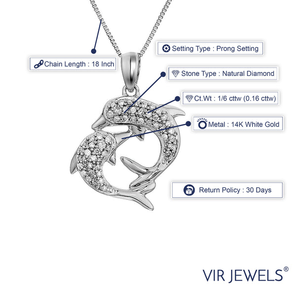 1/6 cttw Diamond Dolphin Pendant Necklace 14K White Gold with 18