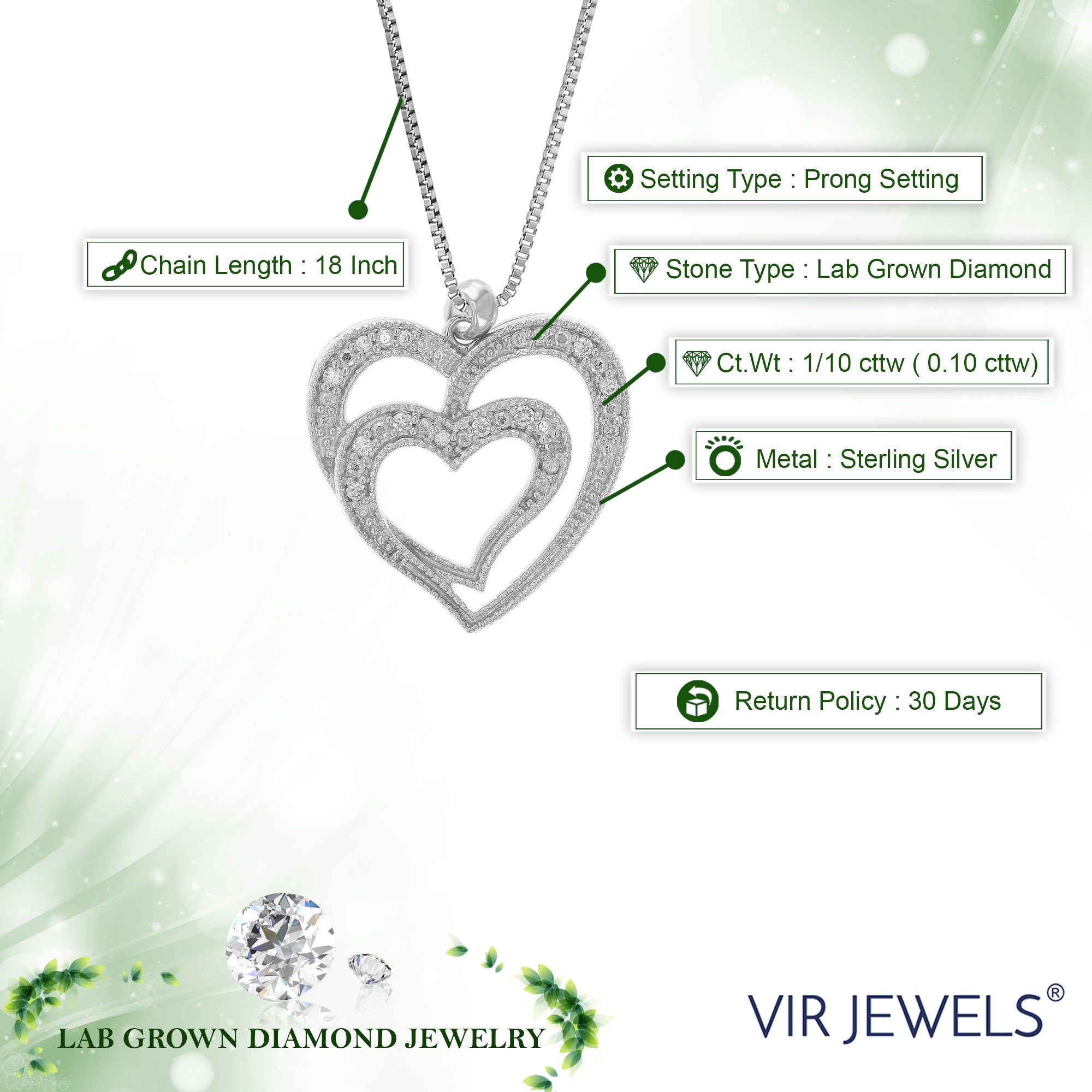 1/10 cttw Lab Created Diamond Heart Pendant Necklace Sterling