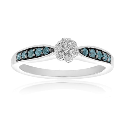 Blue & White Diamond Flower Engagement Ring