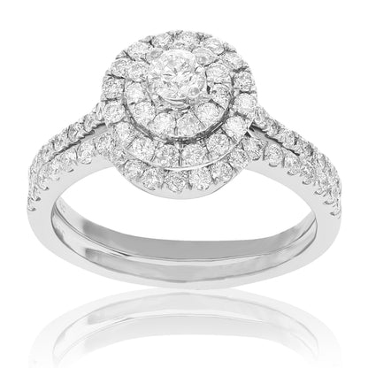 French Pave Diamond Halo Bridal Set