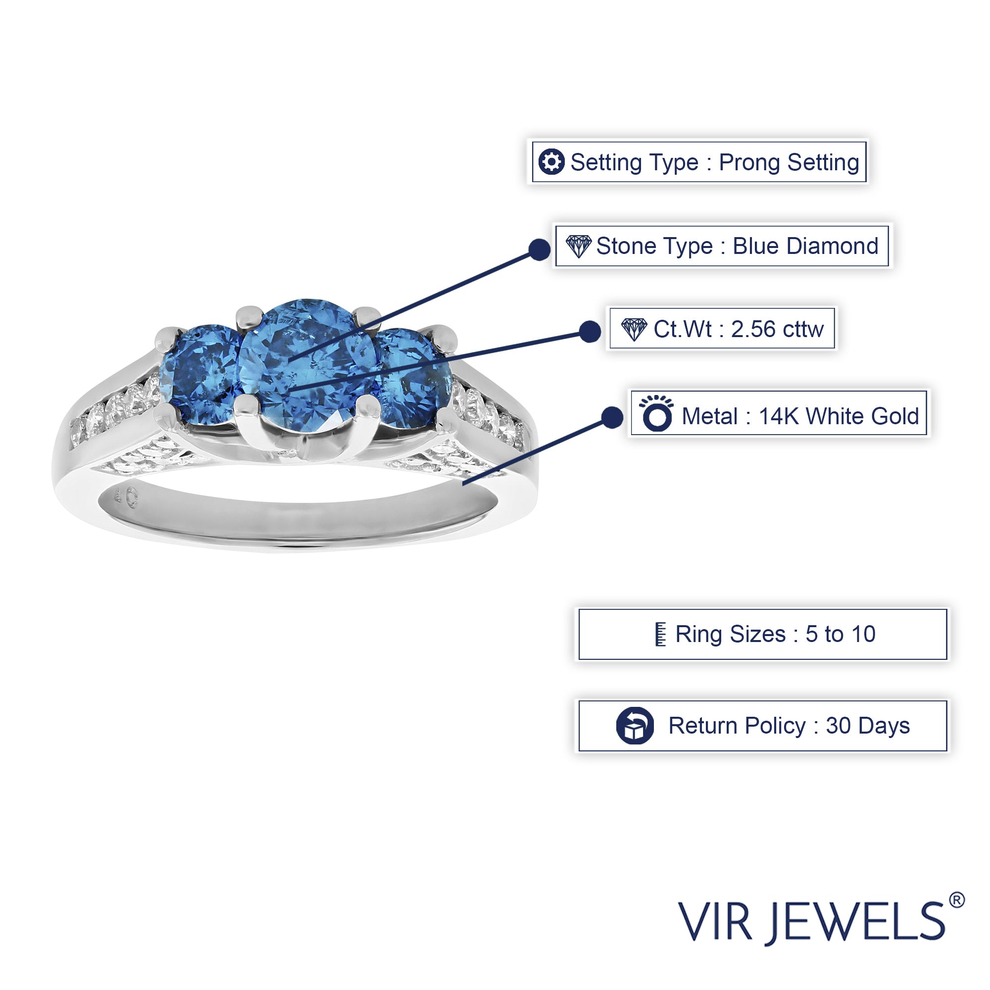 Blue Diamond 3 Stone Engagement Ring