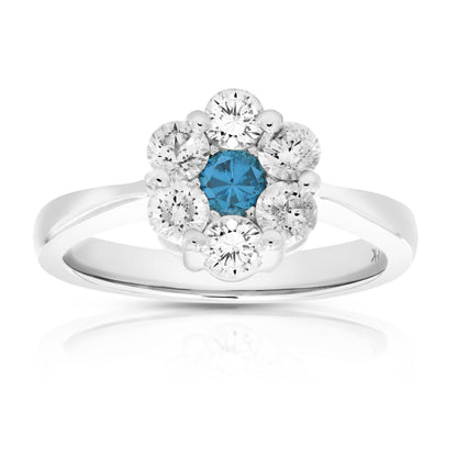 Blue & White Diamond Flower Engagement Ring