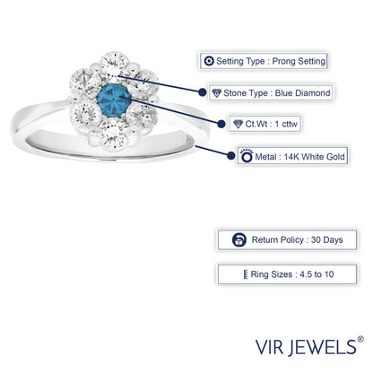 Blue & White Diamond Flower Engagement Ring