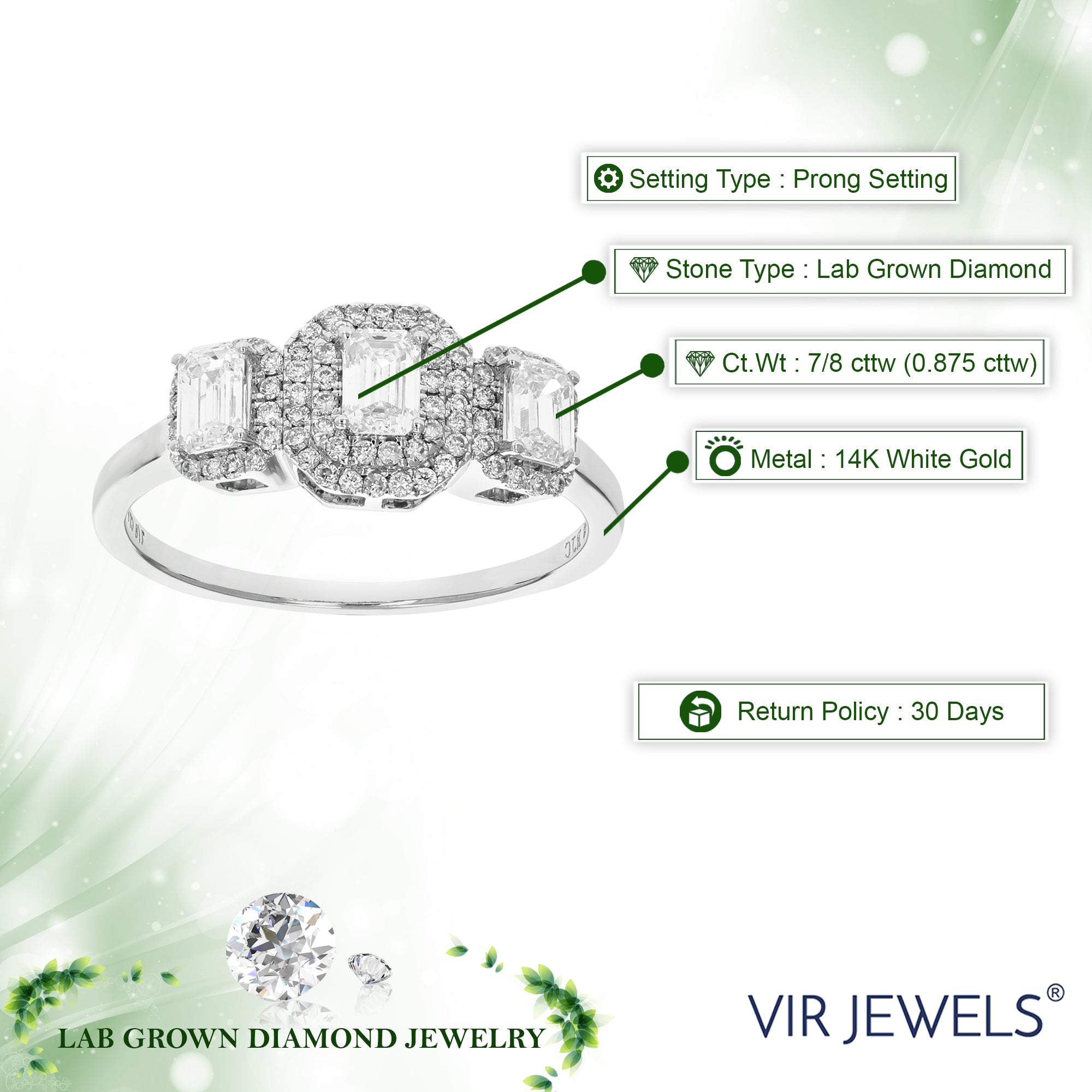 Emerald Cut 3 Stone Diamond Engagement Ring