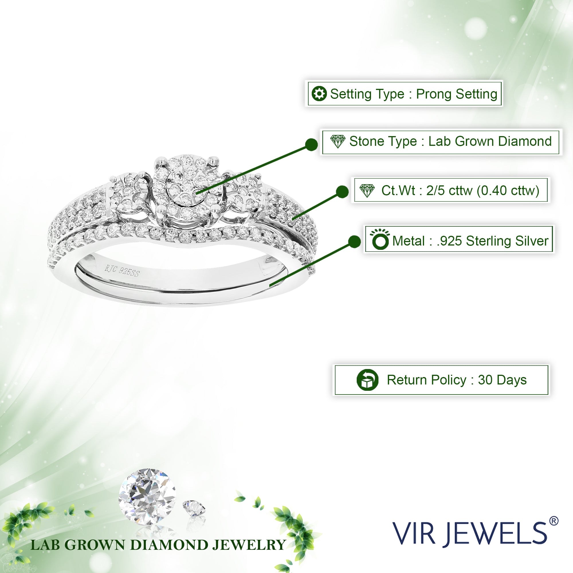 2/5 cttw Lab Created Diamond Engagement Bridal Set Sterling Silver