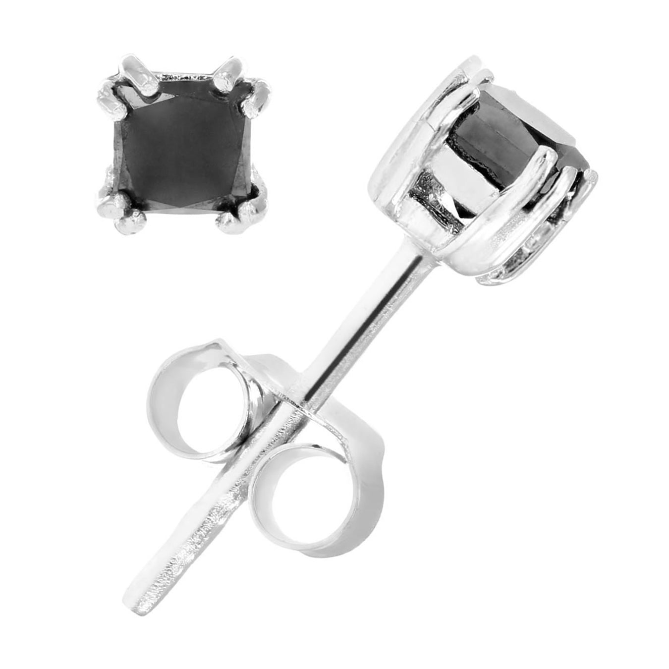 Princess Black Diamond Stud Earrings in Sterling Silver