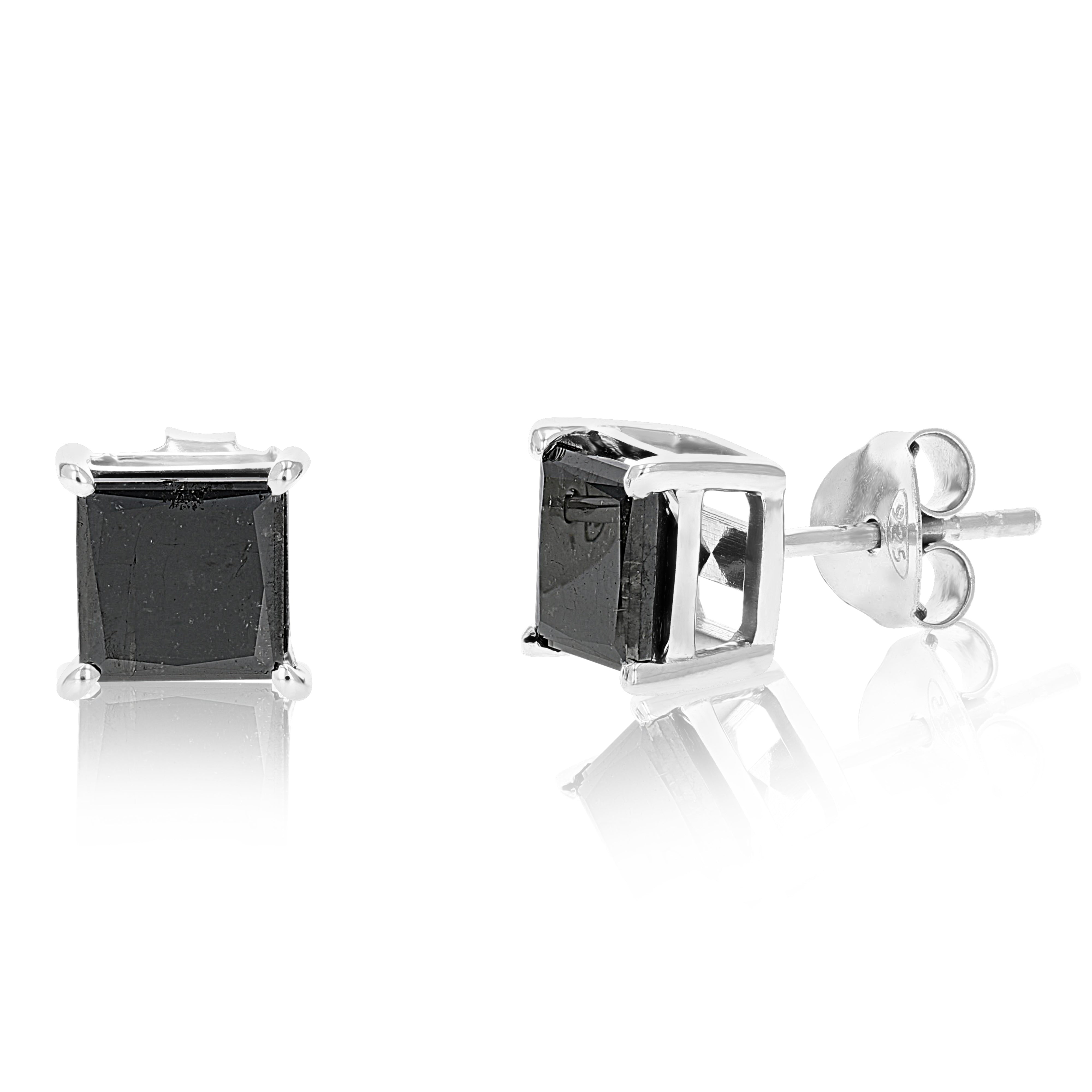 Princess Black Diamond Stud Earrings in Sterling Silver