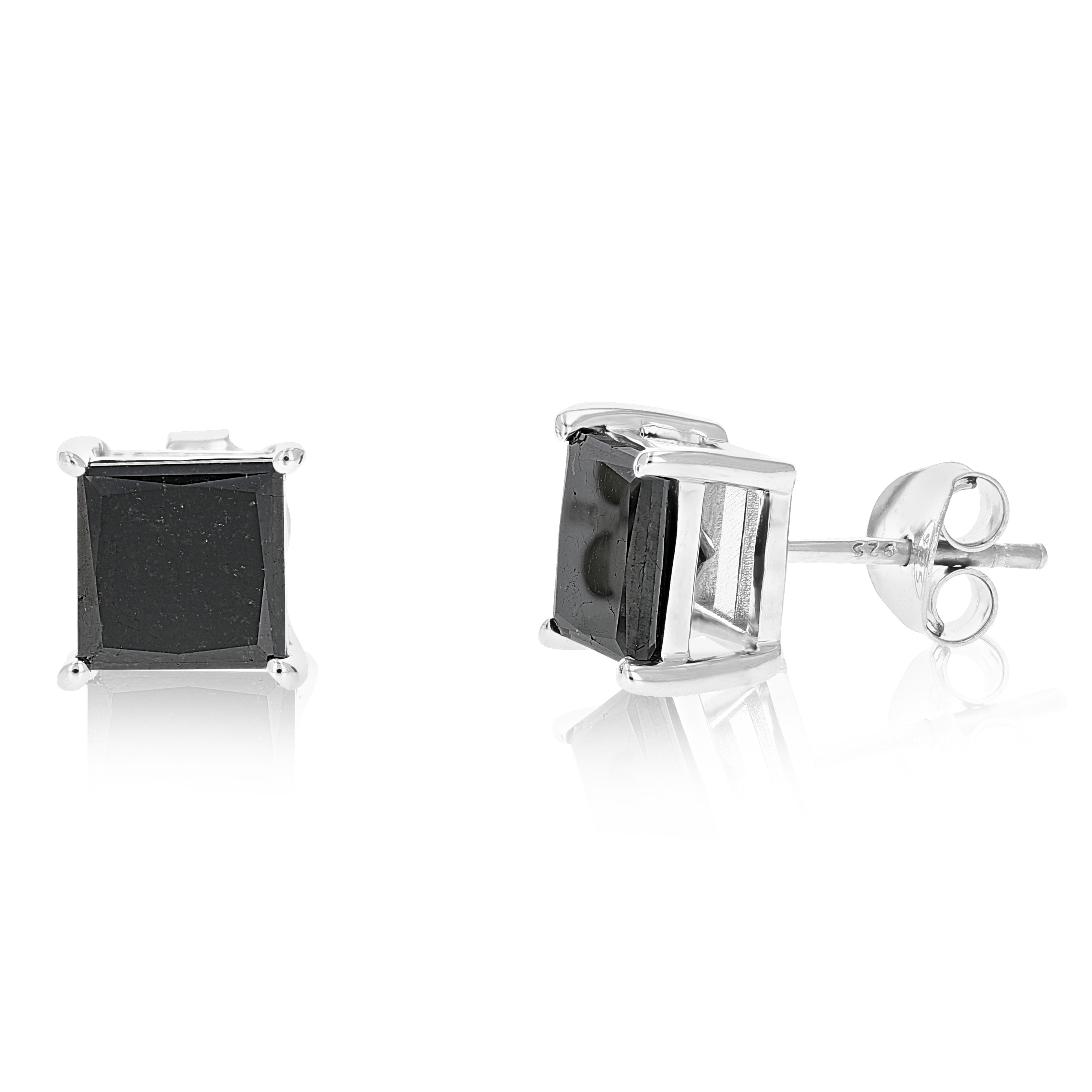 Princess Black Diamond Stud Earrings in Sterling Silver