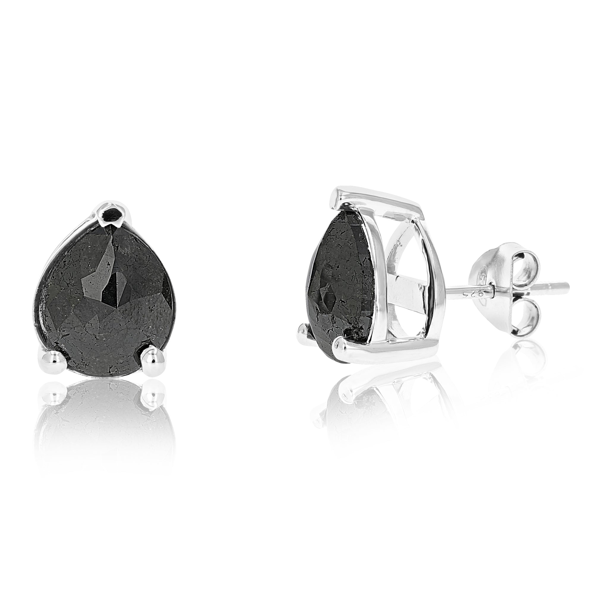 Pear Black Diamond Stud Earrings in Sterling Silver