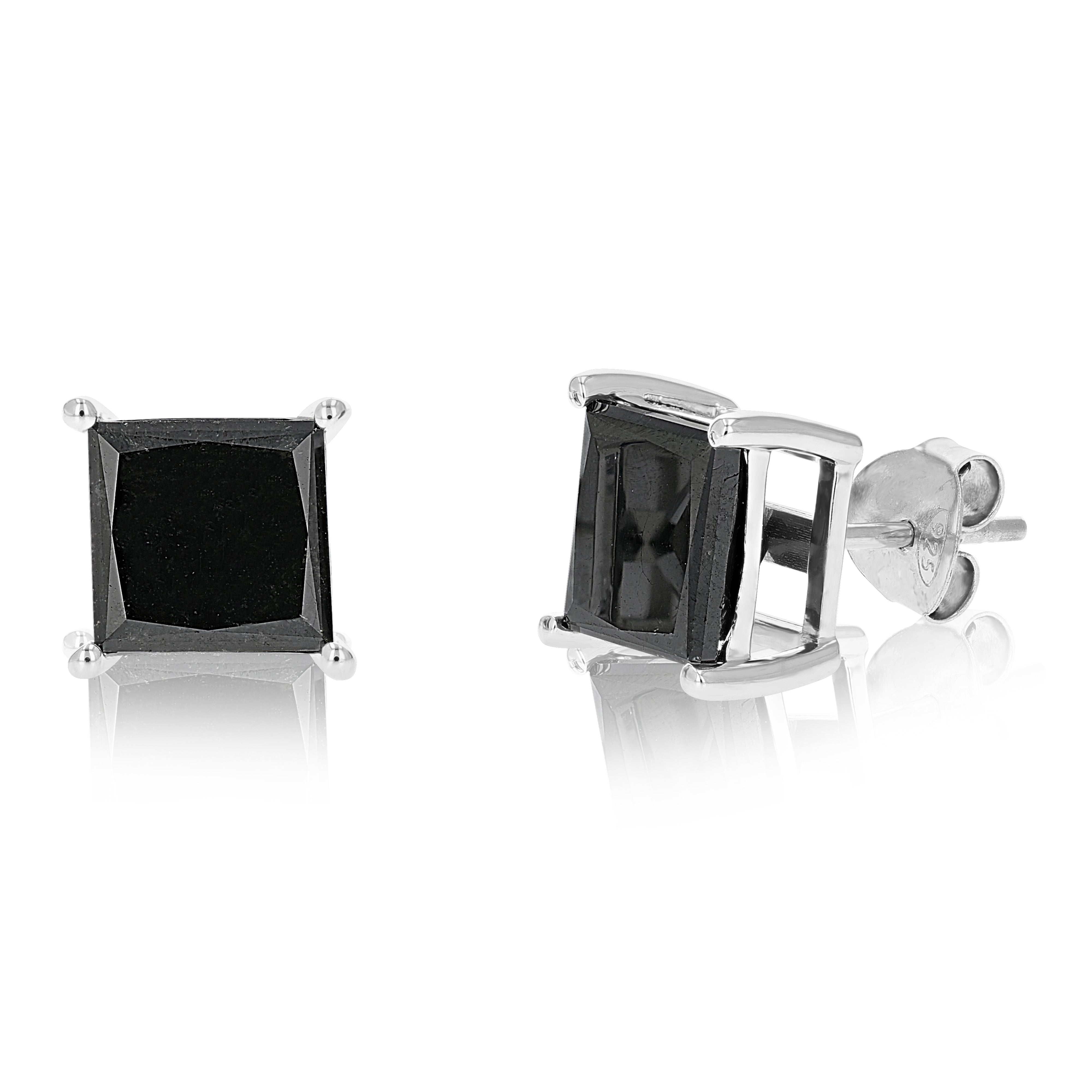 Princess Black Diamond Stud Earrings in Sterling Silver