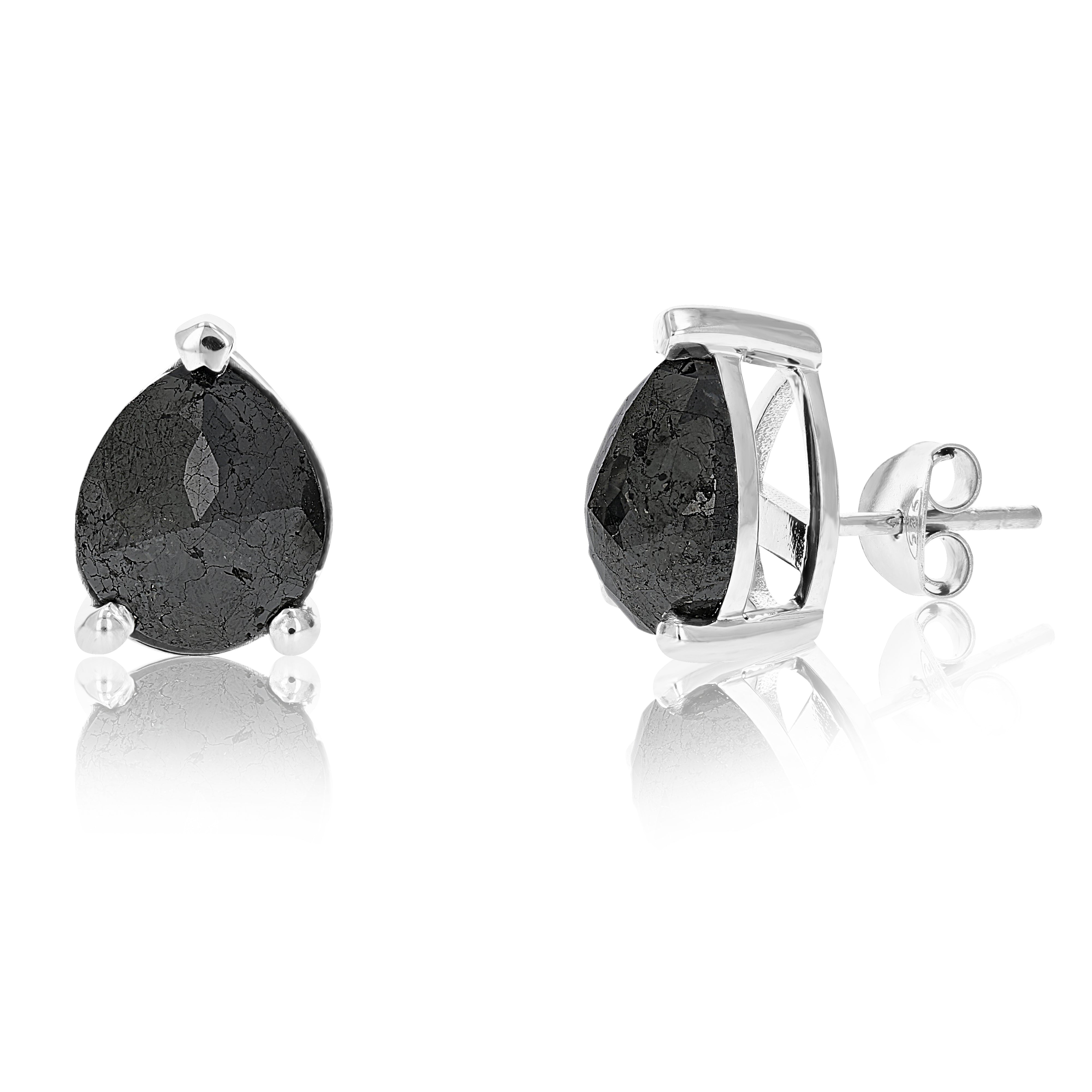 Pear Black Diamond Stud Earrings in Sterling Silver