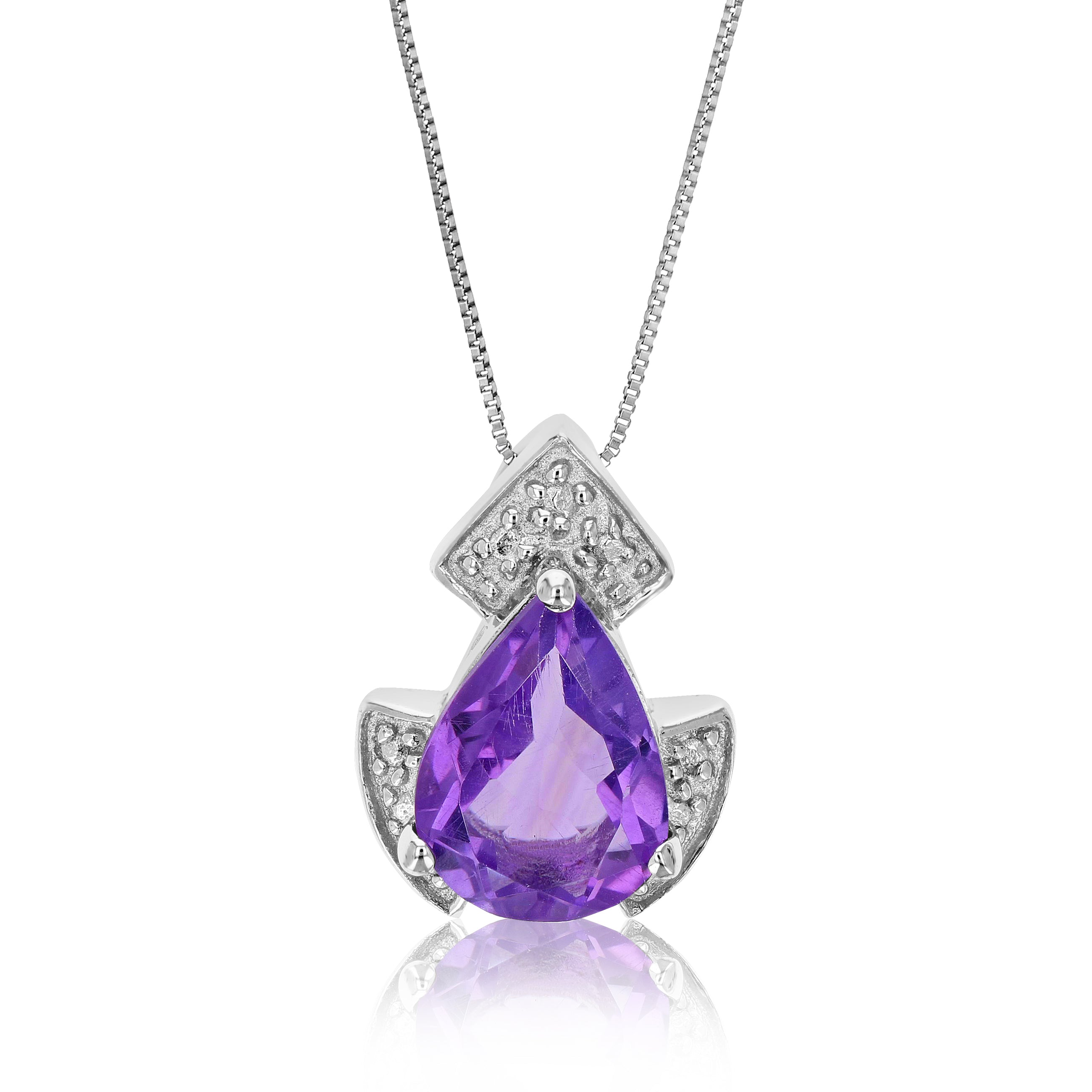 1.10 cttw Pendant Necklace, Purple Amethyst Pear Shape Pendant Necklace for Women in .925 Sterling Silver with Rhodium, 18 Inch Chain, Prong Setting