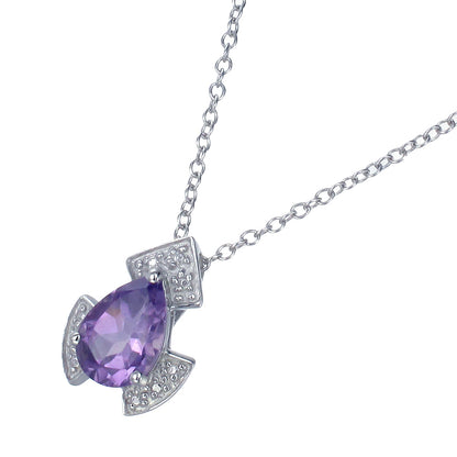 1.10 cttw Pendant Necklace, Purple Amethyst Pear Shape Pendant Necklace for Women in .925 Sterling Silver with Rhodium, 18 Inch Chain, Prong Setting