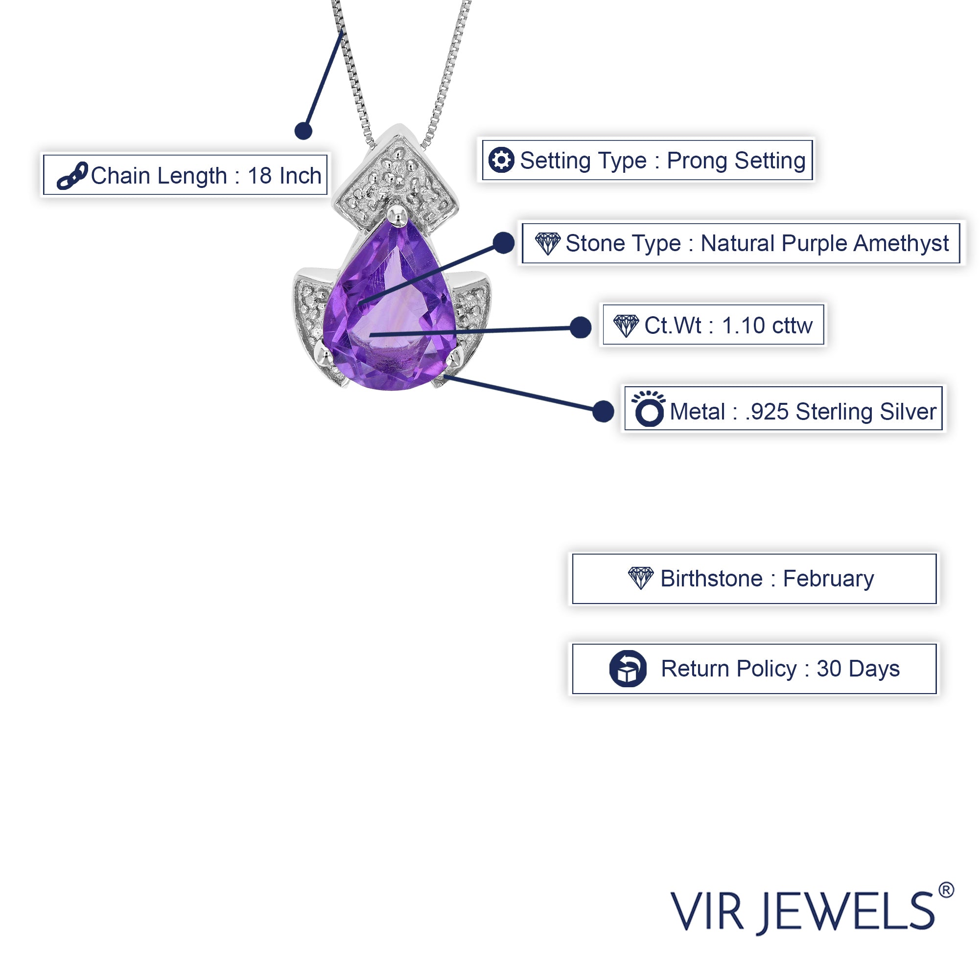 1.10 cttw Pendant Necklace, Purple Amethyst Pear Shape Pendant Necklace for Women in .925 Sterling Silver with Rhodium, 18 Inch Chain, Prong Setting