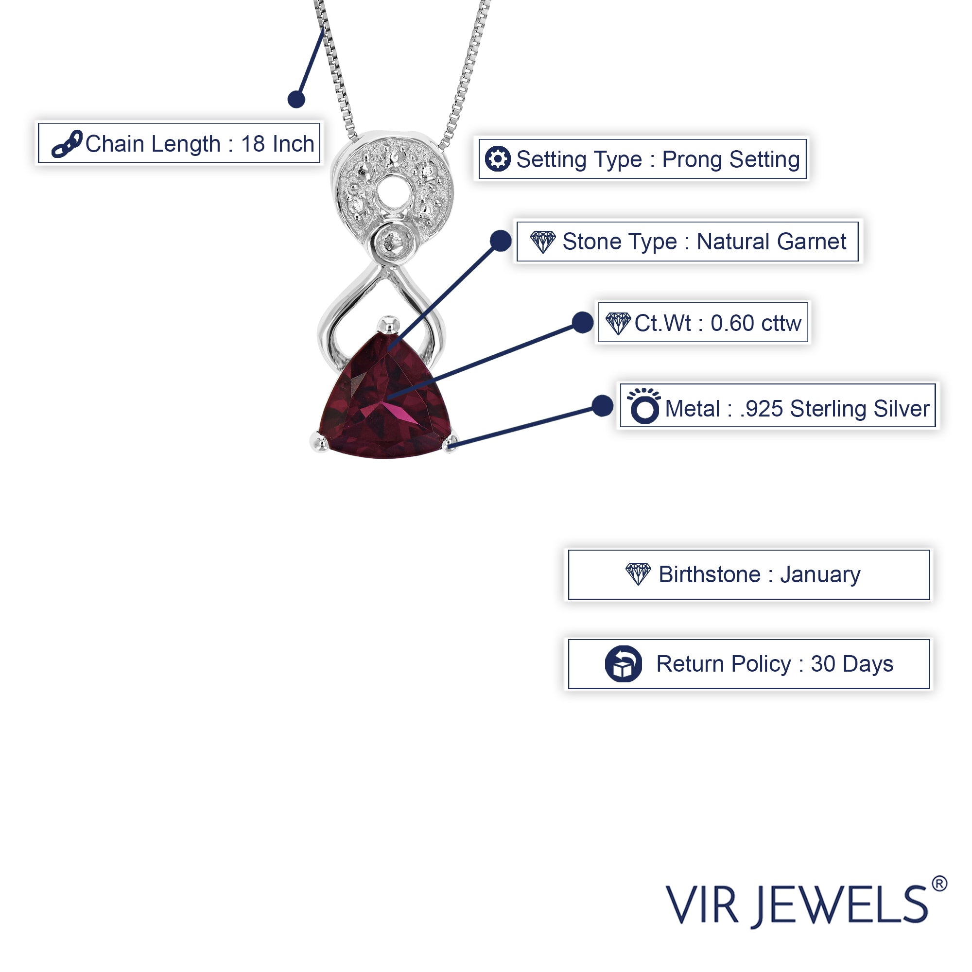 0.60 cttw Pendant Necklace, Garnet Trillion Shape Pendant Necklace for Women in .925 Sterling Silver with Rhodium, 18 Inch Chain, Prong Setting