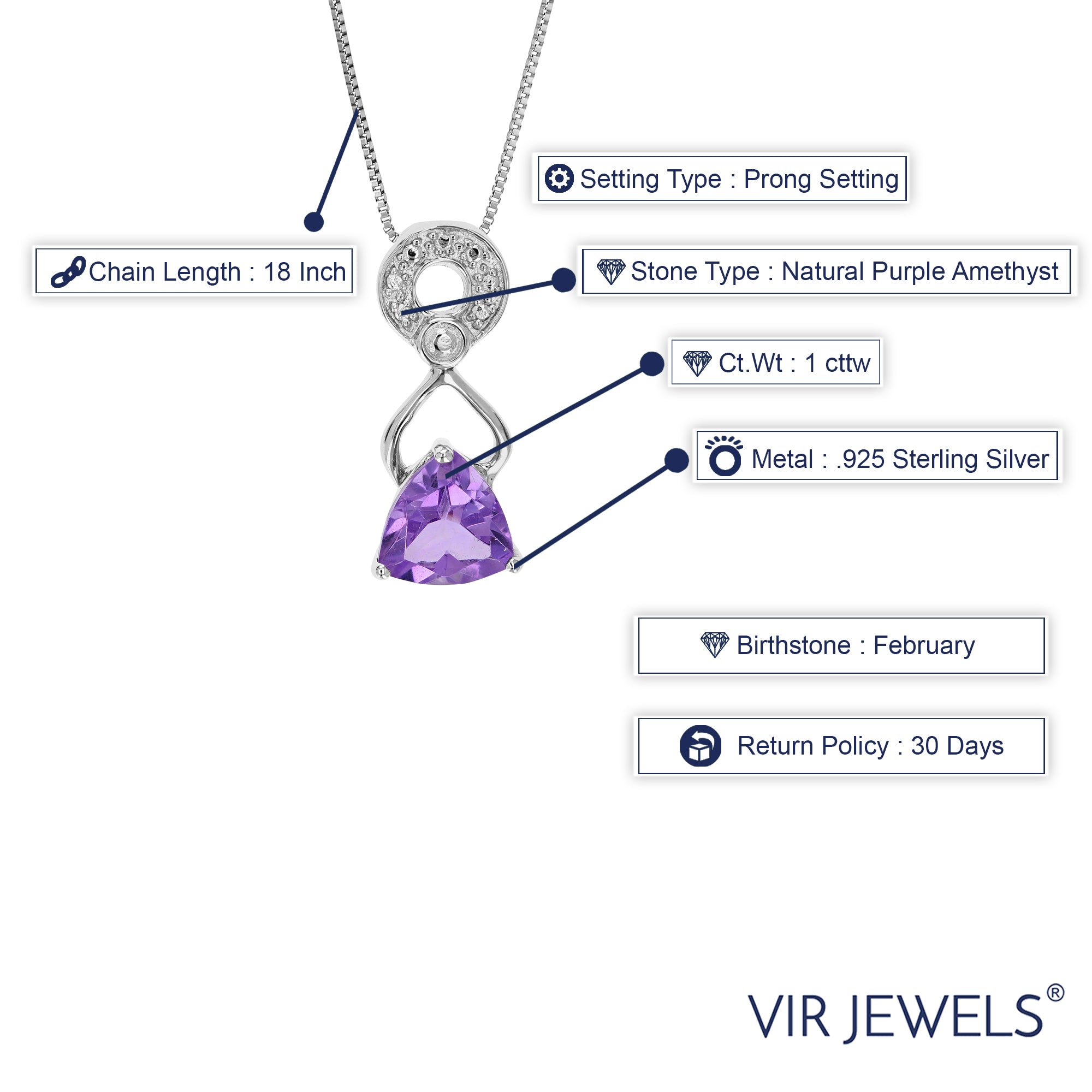 1 cttw Pendant Necklace, Purple Amethyst Trillion Shape Pendant Necklace for Women in .925 Sterling Silver with Rhodium, 18 Inch Chain, Prong Setting