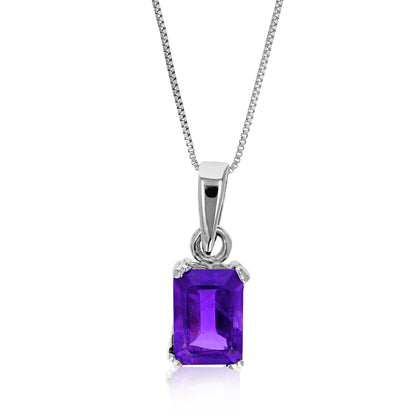 1 cttw Pendant Necklace, Purple Amethyst Emerald Shape Pendant Necklace for Women in .925 Sterling Silver with Rhodium, 18 Inch Chain, Prong Setting