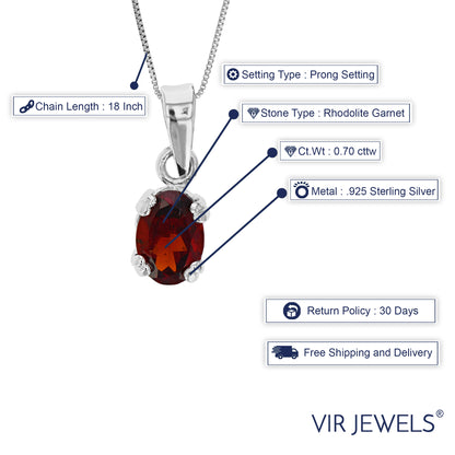 0.70 cttw Garnet Pendant Necklace .925 Sterling Silver With Rhodium 7x5 MM Oval