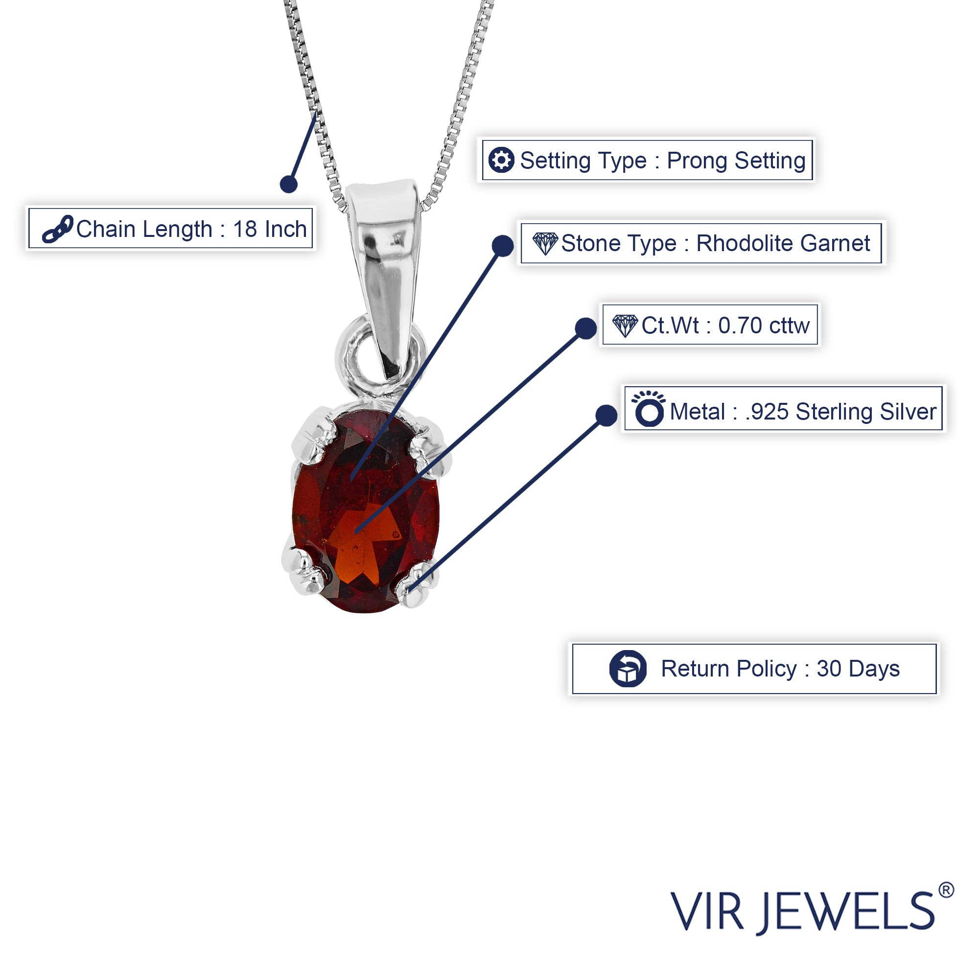 0.70 cttw Pendant Necklace, Garnet Oval Pendant Necklace for Women in .925 Sterling Silver with Rhodium, 18 Inch Chain, Prong Setting