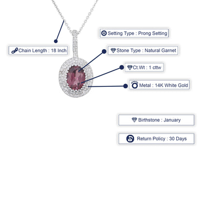 1 cttw Oval Shape Garnet and Diamond Pendant in 14K White Gold With 18" Chain