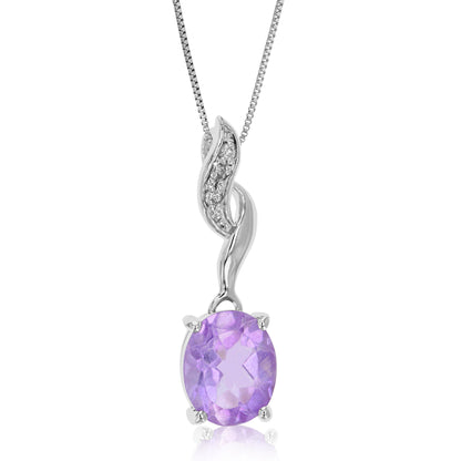 1.70 cttw Pendant Necklace, Purple Amethyst Oval Shape Pendant Necklace for Women in .925 Sterling Silver with Rhodium, 18 Inch Chain, Prong Setting