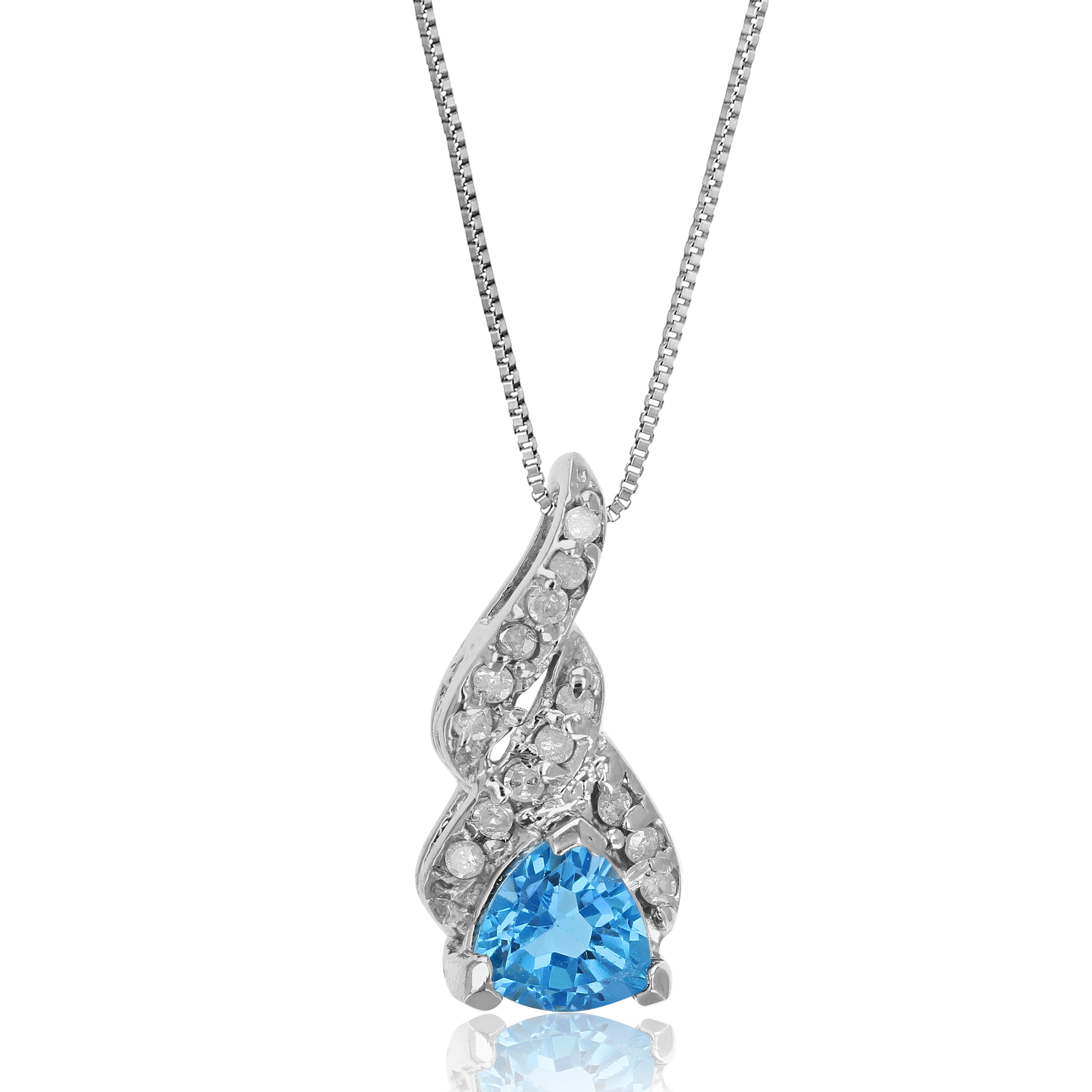 3/4 cttw Diamond Pendant, Trillion Cut Blue Topaz and Diamond Pendant Necklace for Women in 14K White Gold with 18 Inch Chain, Prong Setting