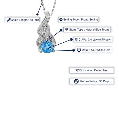 3/4 cttw Diamond Pendant, Trillion Cut Blue Topaz and Diamond Pendant Necklace for Women in 14K White Gold with 18 Inch Chain, Prong Setting