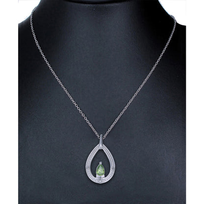 0.67 cttw Pendant Necklace, Peridot and Diamond Pear Shape Pendant Necklace for Women in .925 Sterling Silver with Rhodium, 18 Inch Chain, Prong Setting