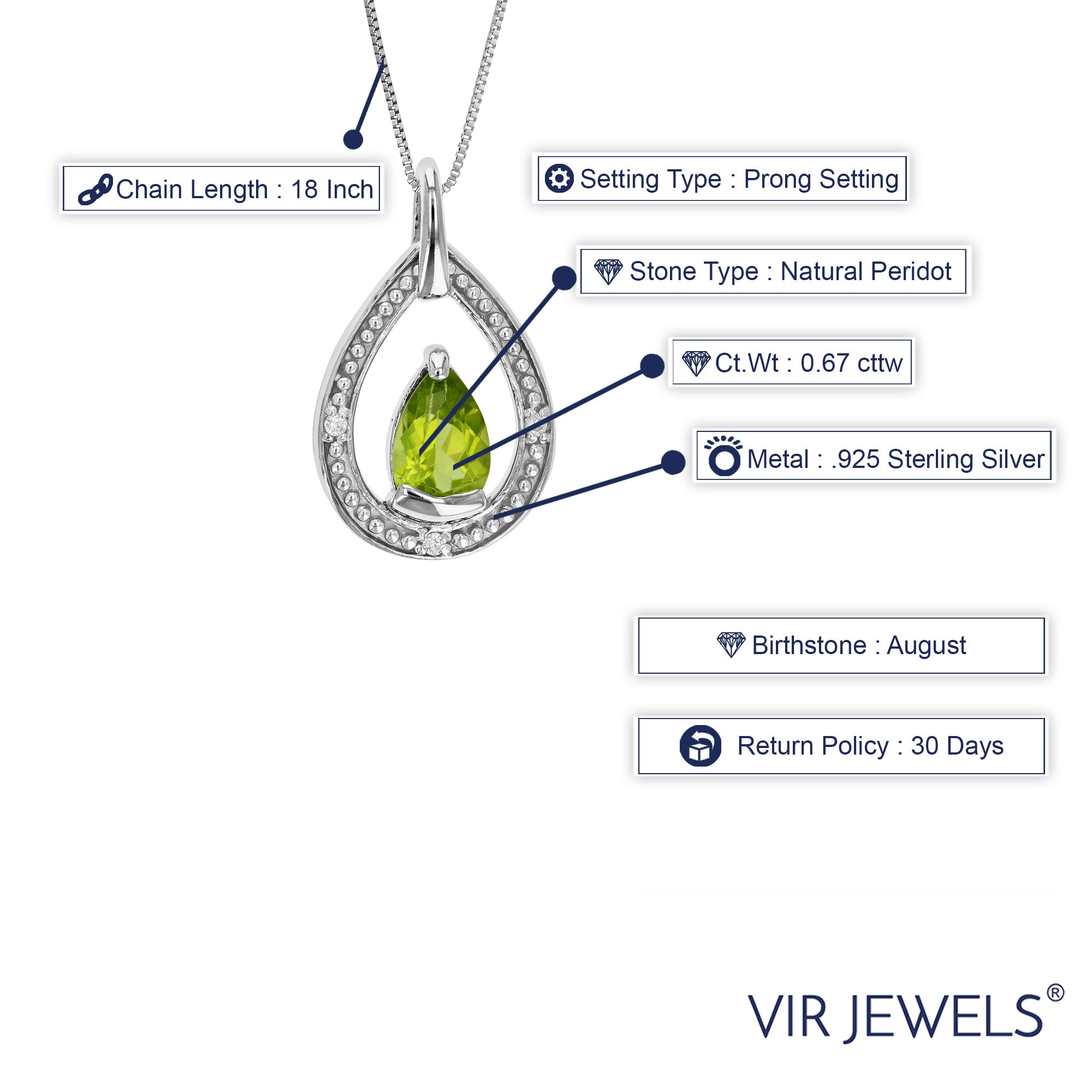 0.67 cttw Pendant Necklace, Peridot and Diamond Pear Shape Pendant Necklace for Women in .925 Sterling Silver with Rhodium, 18 Inch Chain, Prong Setting