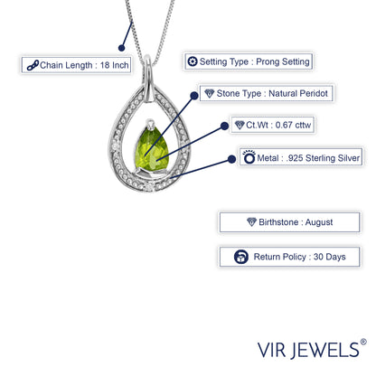 0.67 cttw Pendant Necklace, Peridot and Diamond Pear Shape Pendant Necklace for Women in .925 Sterling Silver with Rhodium, 18 Inch Chain, Prong Setting