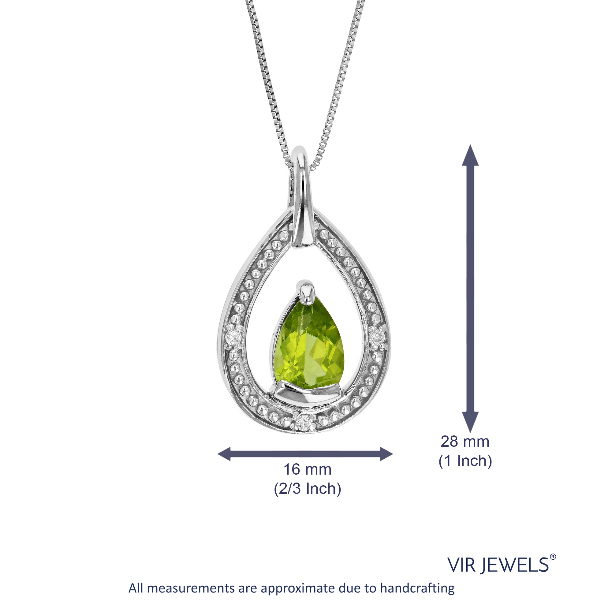 0.67 cttw Pendant Necklace, Peridot and Diamond Pear Shape Pendant Necklace for Women in .925 Sterling Silver with Rhodium, 18 Inch Chain, Prong Setting