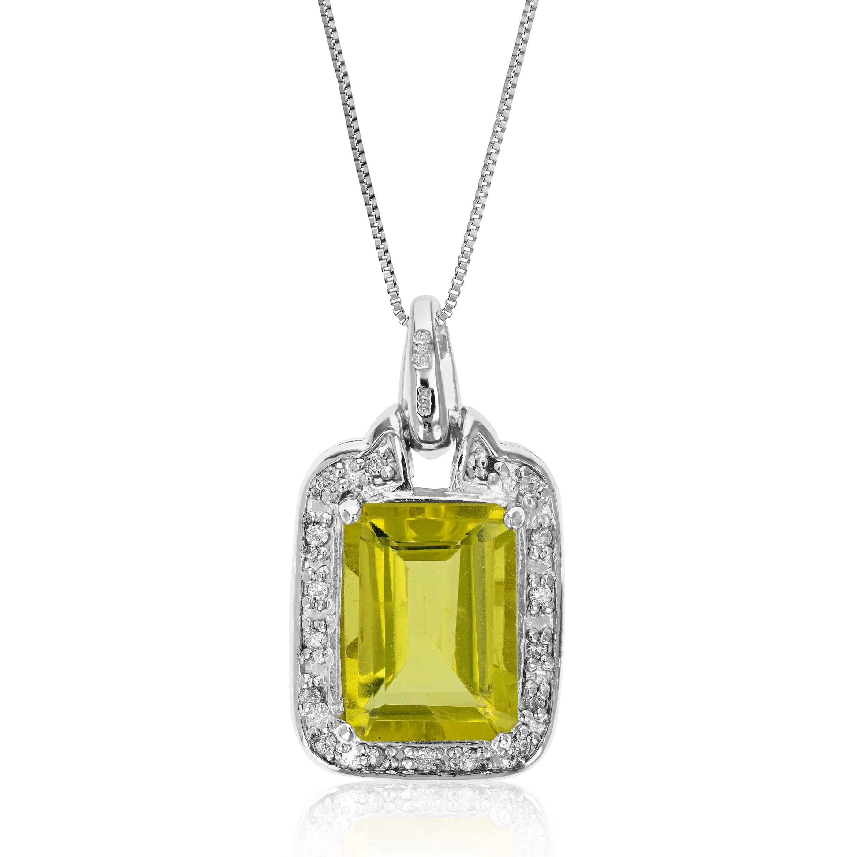 6 cttw Pendant Necklace, Lemon Quartz Emerald Shape Pendant Necklace for Women in .925 Sterling Silver with Rhodium, 18 Inch Chain, Prong Setting