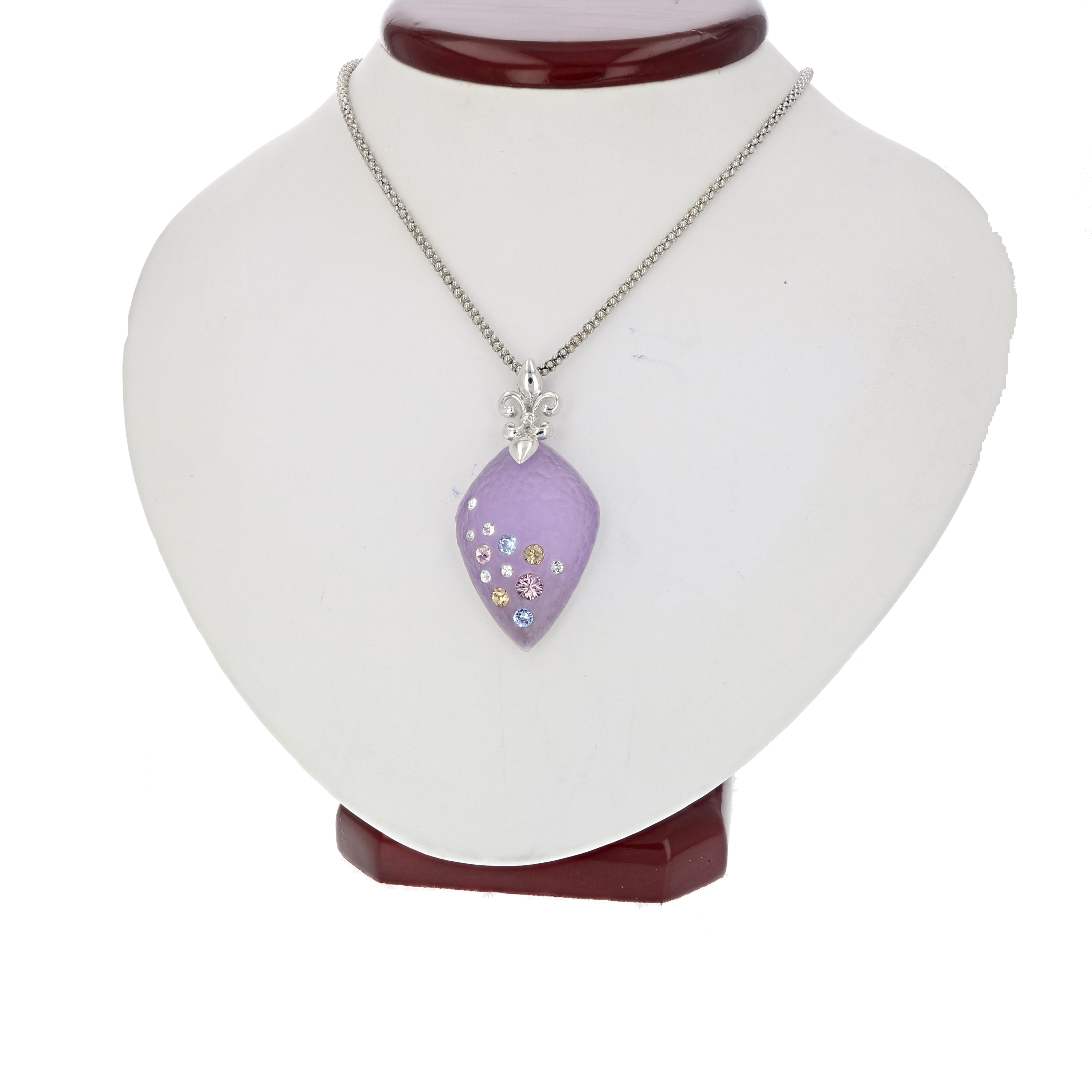 1.80 Inch Purple Tear Shape Lucite Pendant With Multi Color Crystals With Chain