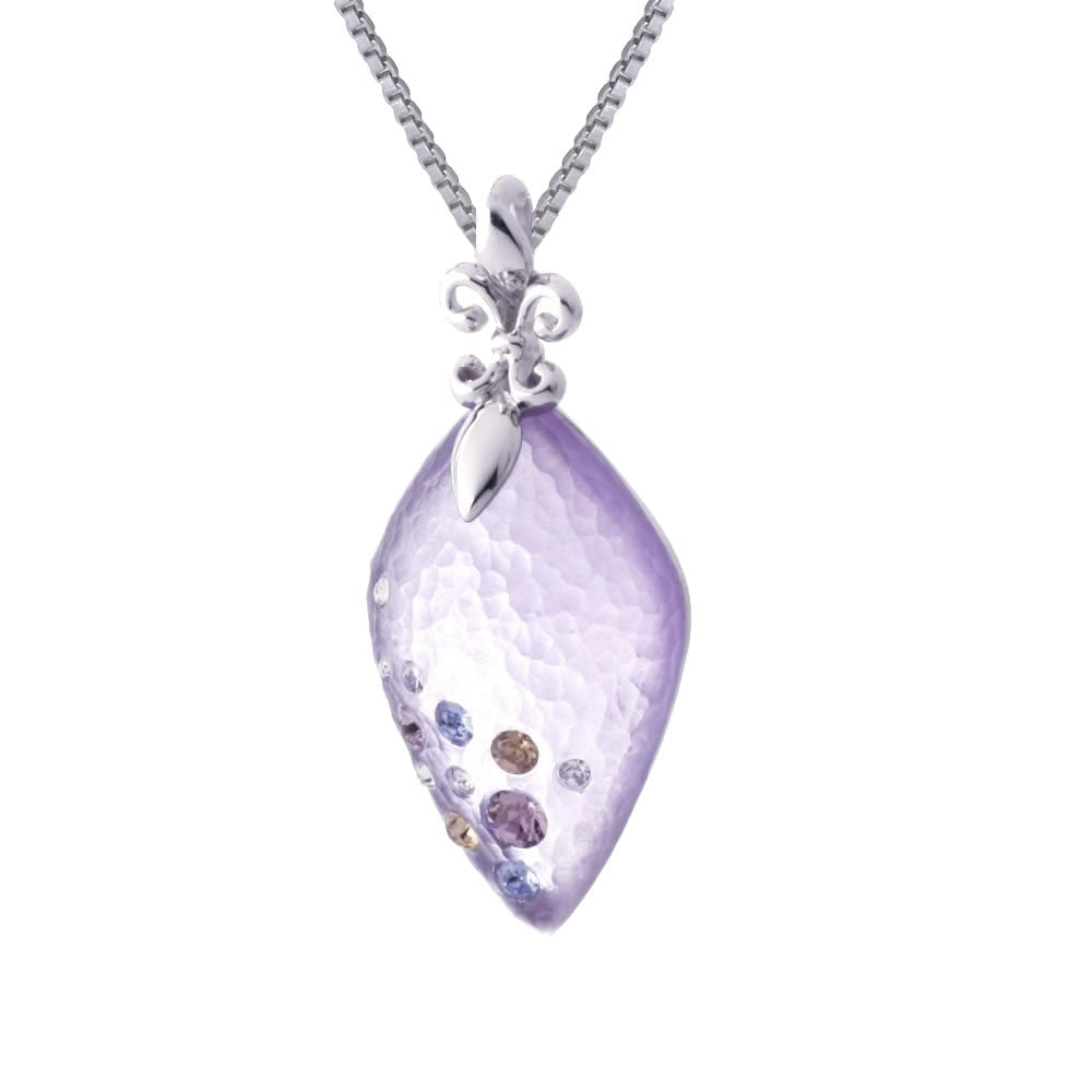 1.80 Inch Purple Tear Shape Lucite Pendant With Multi Color Crystals With Chain