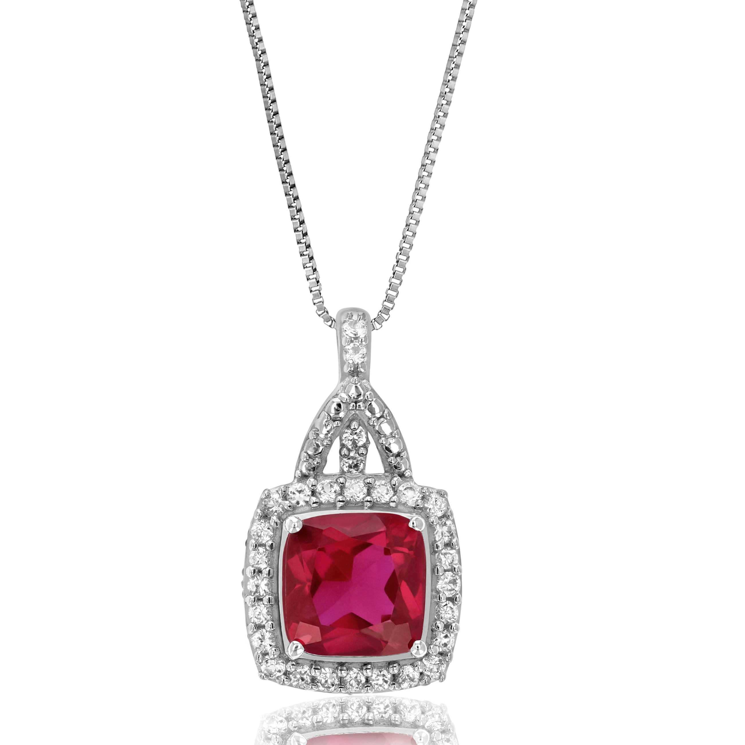 1.50 cttw Cushion Cut Created Ruby Pendant .925 Sterling Silver with Chain