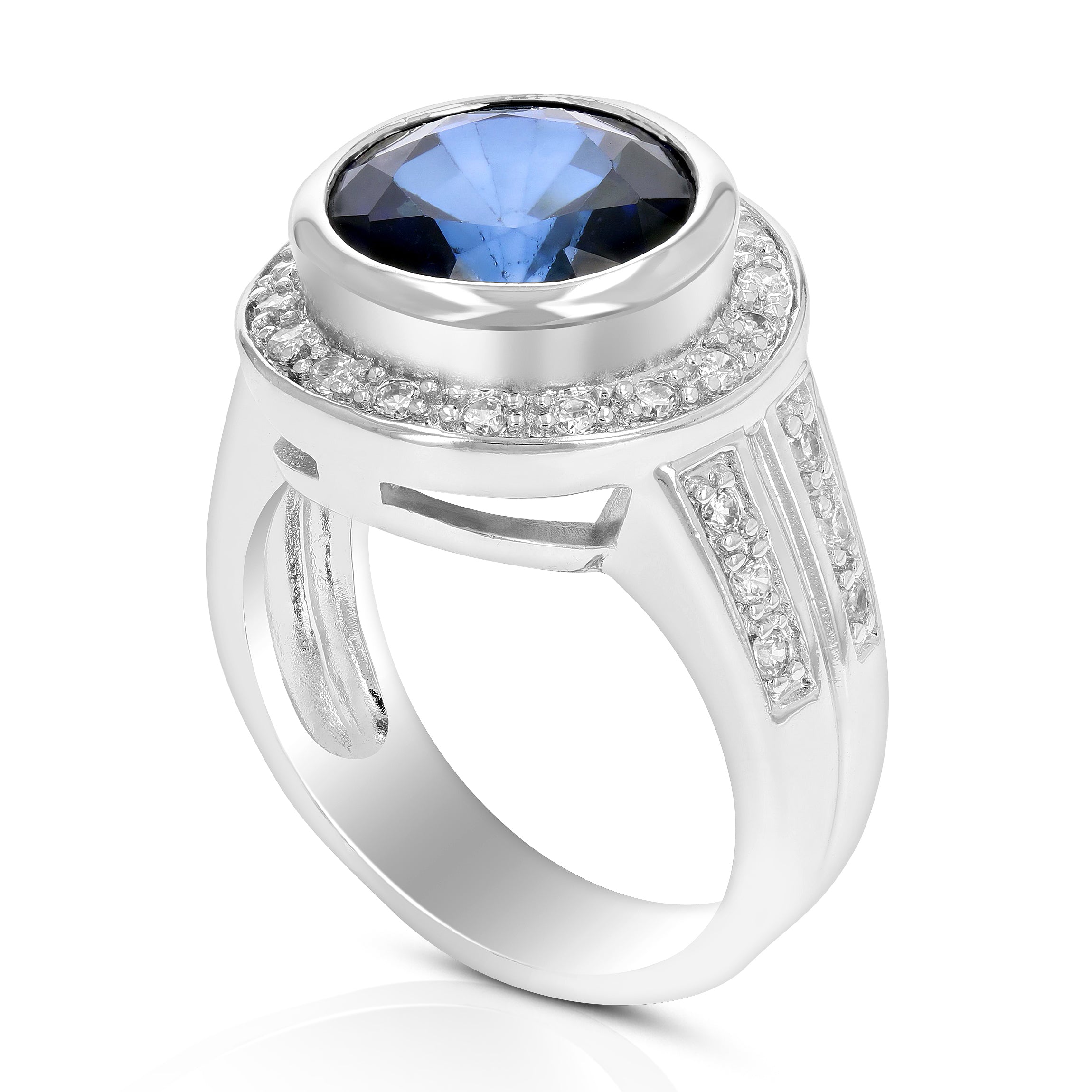 2 cttw Created Blue Sapphire Ring in Brass with Rhodium Plating Round 10 MM