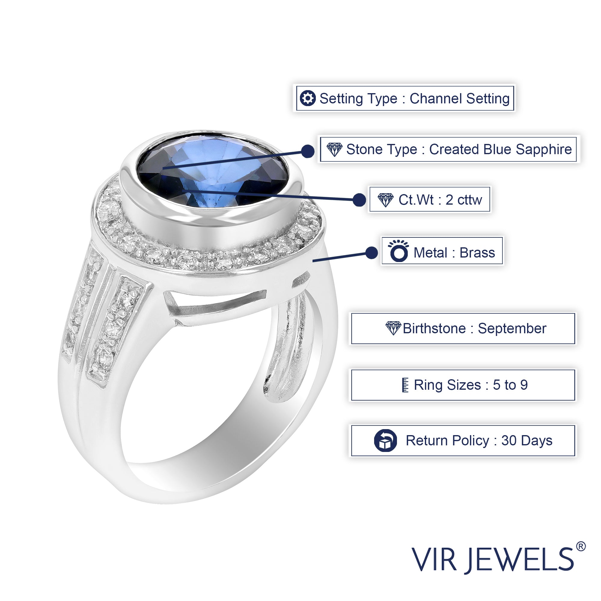 2 cttw Created Blue Sapphire Ring in Brass with Rhodium Plating Round 10 MM