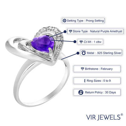 1 cttw Purple Amethyst Ring .925 Sterling Silver with Rhodium Heart Shape 7 MM