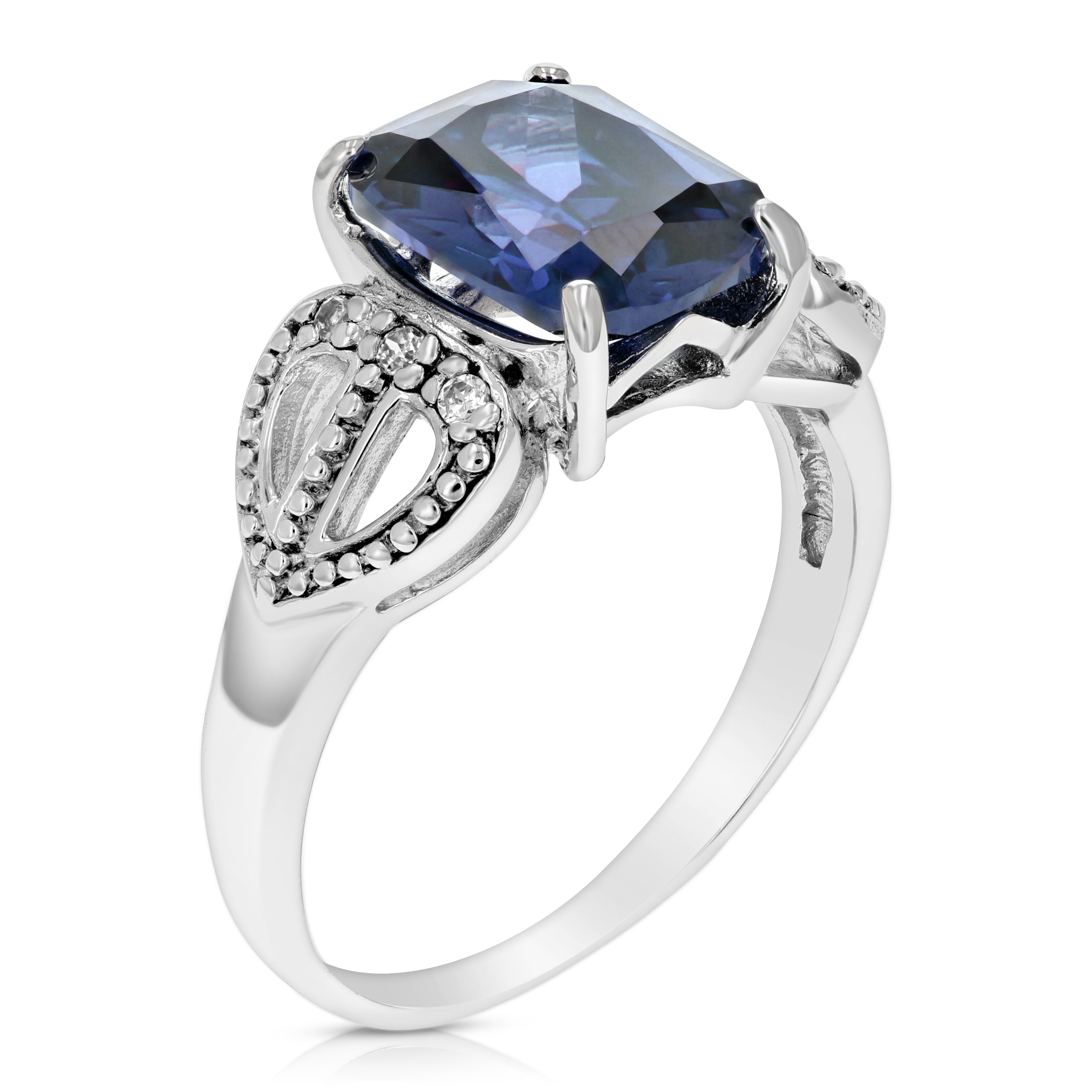 3.20 cttw Created Blue Sapphire Ring .925 Sterling Silver Emerald Cut 10x8 MM Size 7