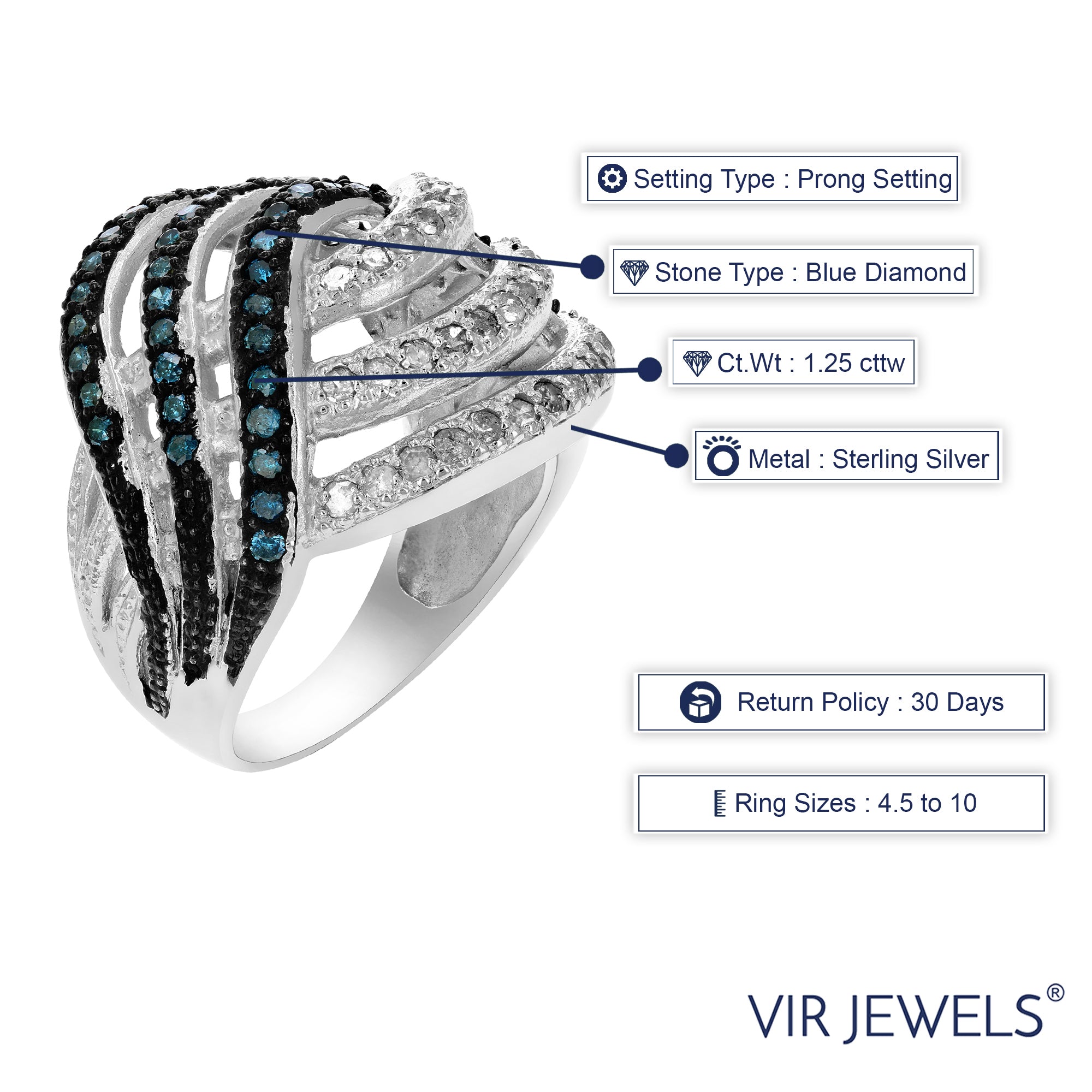 Blue & White Diamond Waves Fashion Ring